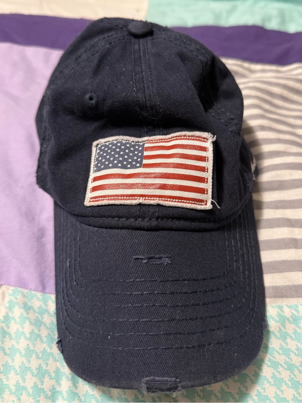 Distressed Navy Baseball Cap with American Flag